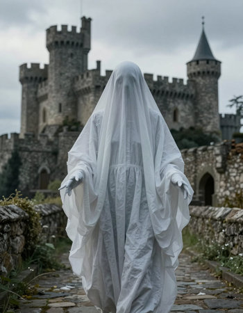 Scary ghost with white cloth in front of the medieval castle.