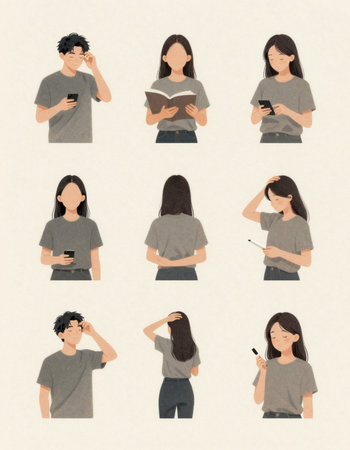 A set of illustrations of a man and a woman with different facial expressions.の写真素材