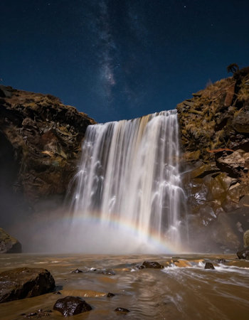 Milky way over a waterfall with a rainbow in the night skyの写真素材