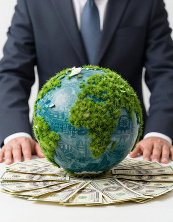 Businessman holding a globe with green grass and dollar bills on itの写真素材