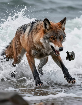 Portrait of a wild wolf running in the water