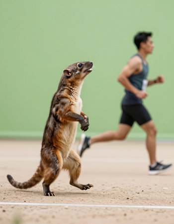 The marmot is walking with a person running behind.の写真素材