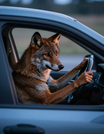 Portrait of a wild wolf in a carの写真素材