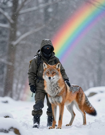 Man with a backpack and a red fox on a winter walk.