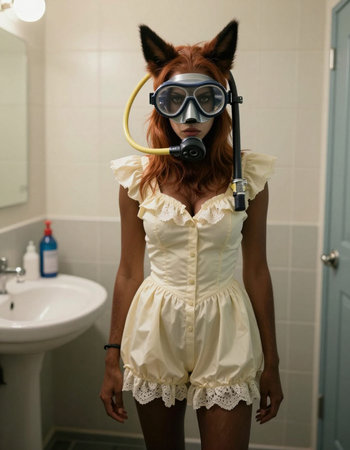 Portrait of a woman in a diving mask in the bathroomの写真素材