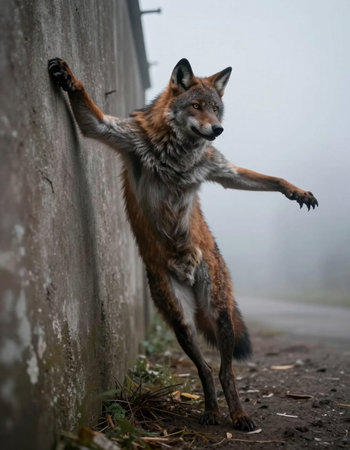 Portrait of a wild wolf standing on a wall in the fogの写真素材