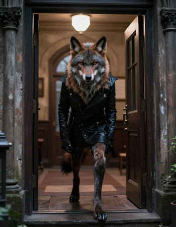 Portrait of a wolf on the street.の写真素材