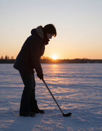 A person with a shovel on the ice of a frozen lake at sunset