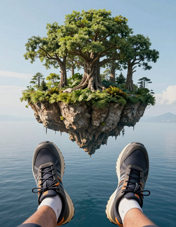 Man's feet in sneakers standing on a tiny island in the water.の写真素材