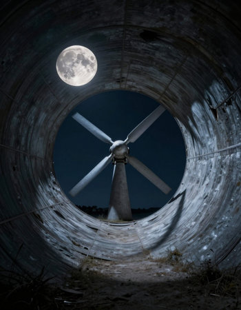 Wind turbines in a tunnel at night with the moon in the backgroundの写真素材