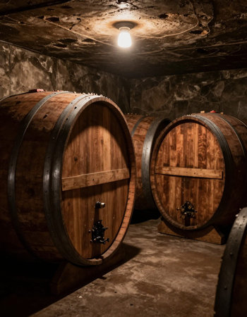 Wine barrels in the cellar of a winery. Toned.