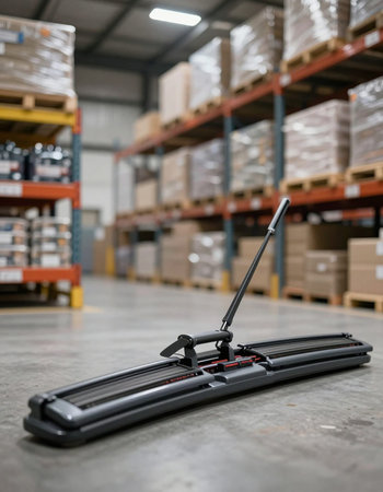 Close up view of robotic vacuum cleaner in warehouse. Selective focusの写真素材