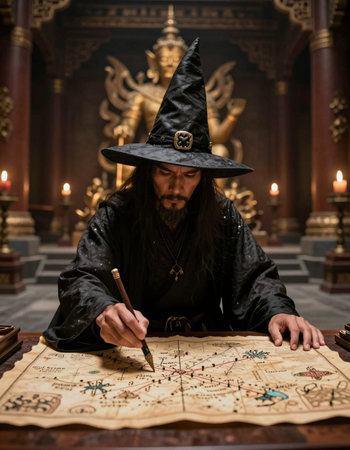 Witch reading a magic book in the halloween night.