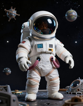 Astronaut in outer space with planets and stars in the background