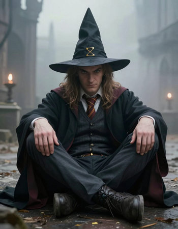 Young man in a witch costume sitting on the ground in the fog