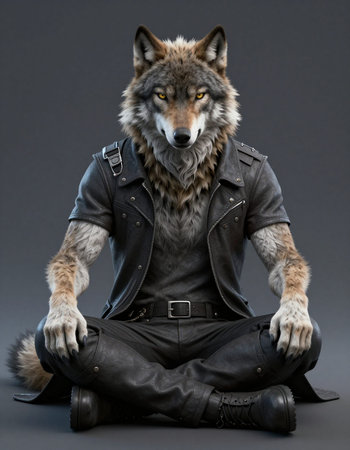 Portrait of a wolf sitting on a gray background