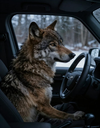 Grey wolf inside a car in the winter forest.