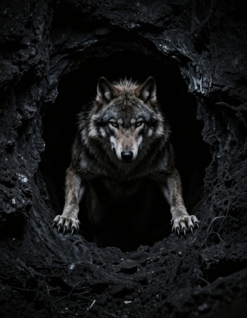 Portrait of a wild wolf in a hole in the rock.