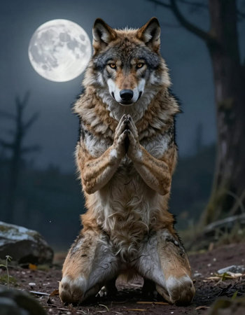 Grey Wolf (Canis lupus) in front of a full moon