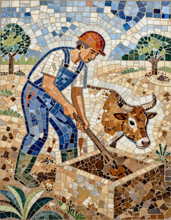 Mosaic of a farmer with a cow in the background.