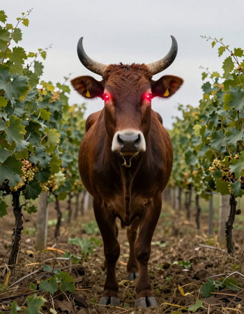 Portrait of a cow in a vineyard in the countryside.の写真素材
