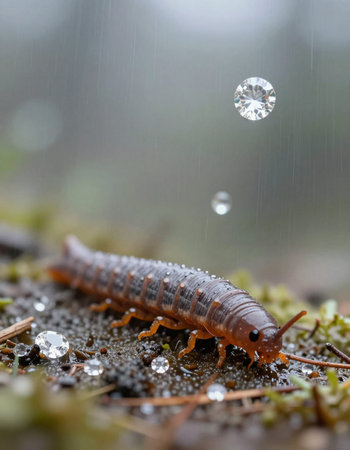 A millipede on the ground with water drops in the rain