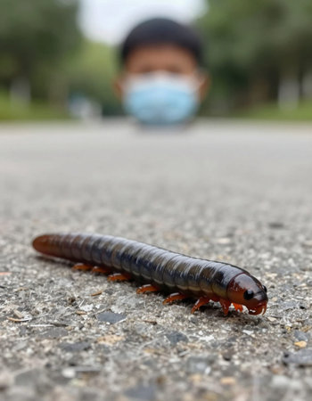 close up of a millipede on the road
