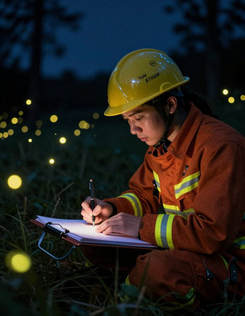 Young firefighter writing in notebook at night in forest with lights.