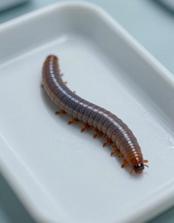 Millipede in a white porcelain tray on a blue background
