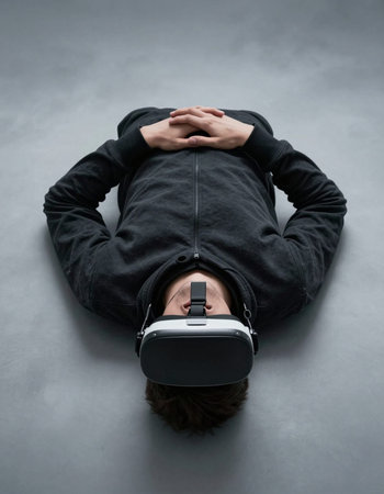 Young man wearing virtual reality goggles lying on floor. Studio shot.