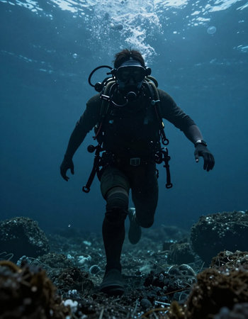 Scuba diver in the deep blue sea with corals and seaweedの写真素材