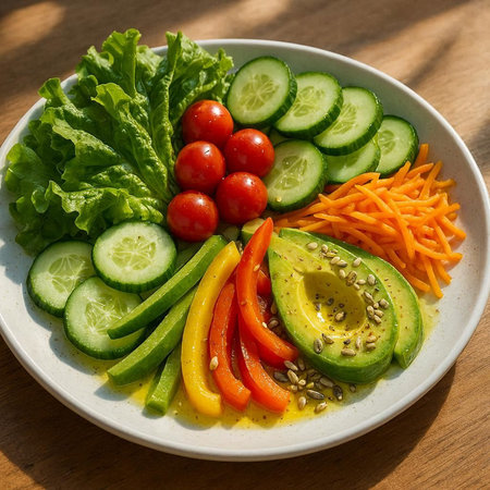 Vegetable salad with avocado, cucumber, tomato and carrot