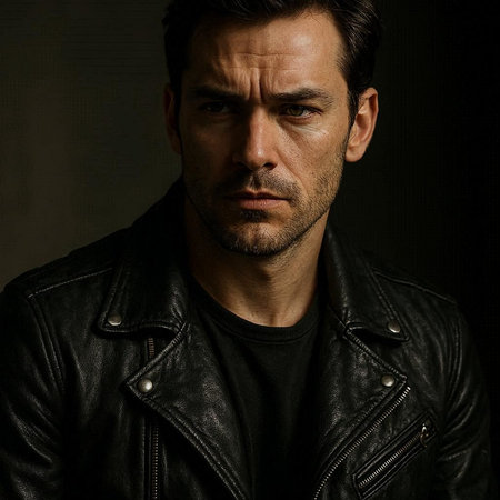 Portrait of a handsome man in a leather jacket on a dark background