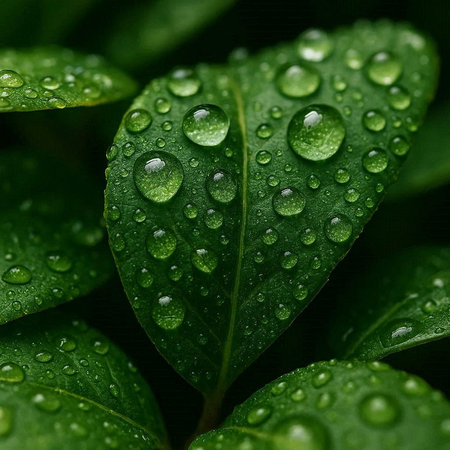 Water drops on green leaves. Close-up. Nature background.