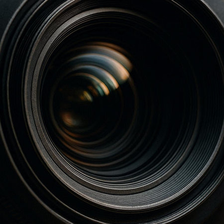 close up of a camera lens, shallow depth of field, blurred background