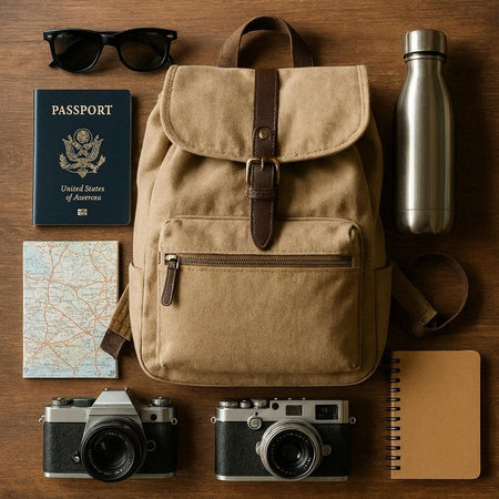 Overhead view of backpack, camera, passport and sunglasses on wooden backgroundの写真素材