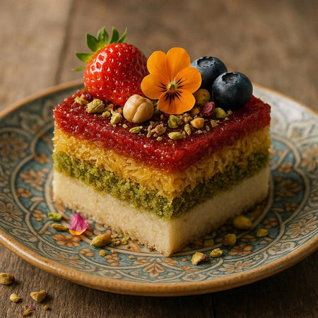 Pistachio cake with fresh berries and pistachios. Selective focus