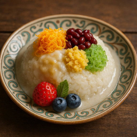 Rice pudding with fresh berries, selective focus, close-upの写真素材