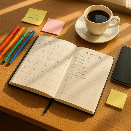 Open diary with a cup of coffee on the table in the morning