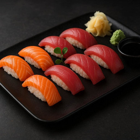 Sushi nigiri with salmon, tuna and avocado on black backgroundの写真素材
