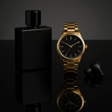 Men's wristwatch and perfume on a black background. 3d renderingの写真素材