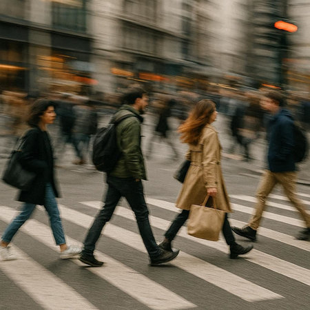 People walking on zebra crossing in the city. Intentional motion blurの写真素材