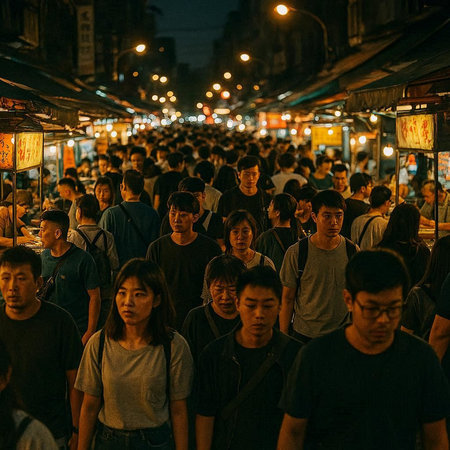 View of people walking at a crowded street in the evening