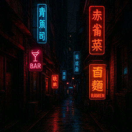 Narrow street with neon signs in Hong Kong, China. This is a 3d render illustration.の写真素材