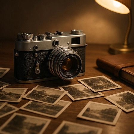 Vintage camera and old photos on the table. Vintage style.