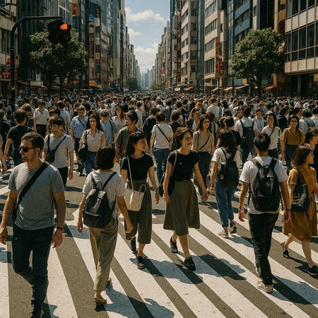 People cross the street in a busy urban area.の写真素材