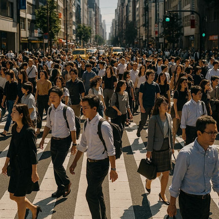 Thousands of people cross the street.