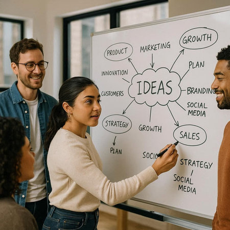 Group of multiethnic business people brainstorming on whiteboard in office