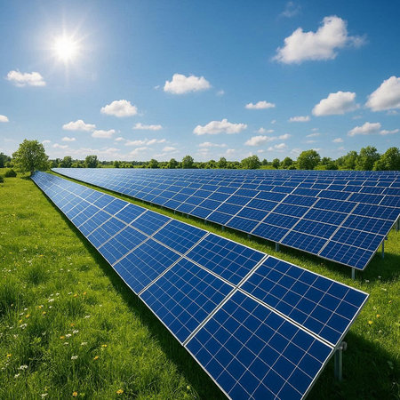 Solar panels on a green meadow with a blue sky and sun