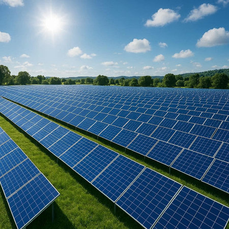 solar energy panels on green field with blue sky and sun in background